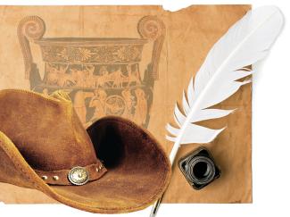 photo montage with cowboy hat, quilled pen, ink jar and grecian urn