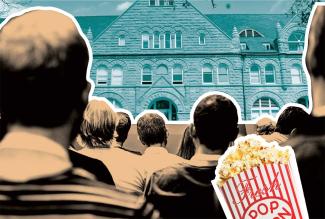 photo collage of people watching a movie with Gibson Hall on the screen
