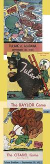 Greenie was featured on vintage covers of football game programs. Cartoons of little boy with footballs of opposing teams and shaving a bear mascot.