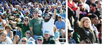 Two photos of out of state games with fan support in Kansas and Cincinnati