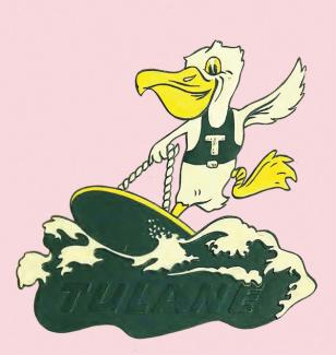 cartoon pelican wearing a Tulane top waves its wing as it rides a surfboard