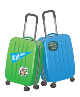 green and blue suitcases with Cotton Bowl and Tulane stickers