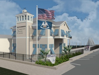 Rendering of the two-story Alexander Community Sailing Center that will overlook the Municipal Yacht Harbor. Sailboats on a lake in the background.