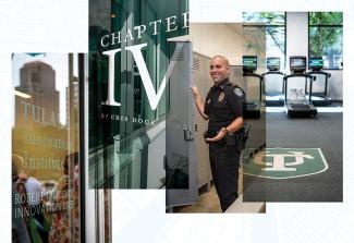 collage with glass doors of Innovation Institute and Chapter IV in the Thirteen15 Building; police officer; gym interior
