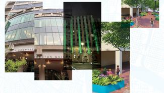 collage of downtown buildings with green lighting and landscaping in blue planters