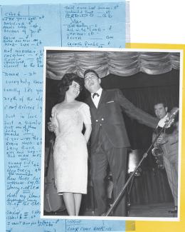a collage of a photo of Prima on stage with Gia Maione Prima and a handwritten list of songs