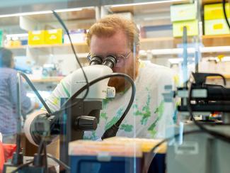 man looks into microscope, seen from behind glass