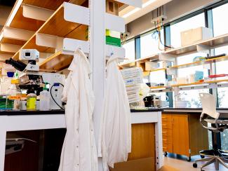 lab coats hanging at the end of a row of workspaces