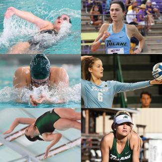 action shots of Tulane swimmers, divers, runners, and volleyball players