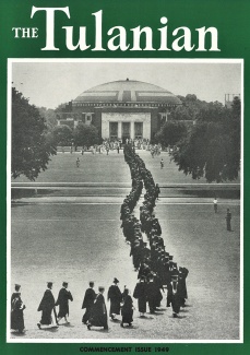 Tulanian magazine from 1949 with image of graduates walking into a ceremony