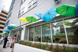 Innovation Institute building with decorative umbrellas