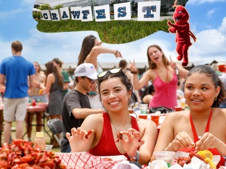 collage with two women eating crawfish at a picnic table with dancing crowd in background