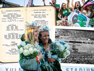 collage of photo of homecoming queens with flowers and old book