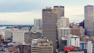 aerial view of downtown New Orleans buildings