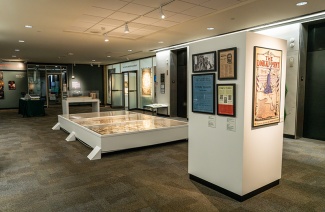 view of one of the rooms of displays at the LAL Centennial Exhibit