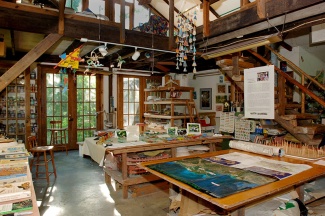 view of the interior of a workspace with artist's materials