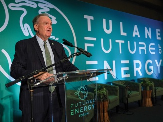 President Michael A. Fitts delivered welcome remarks on stage at the inaugural Future of Energy Forum in November 2024.