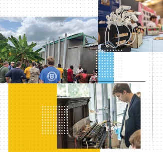 Collage showing three images: a gathering by a building with pipes, a robotic hand on display, and a man observing a piano with wiring.