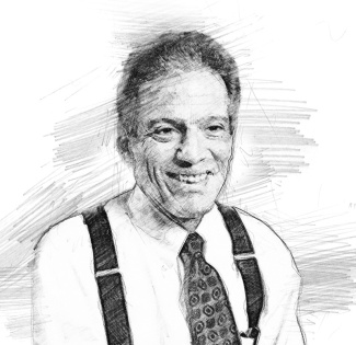 Black and white sketch of a smiling man in a shirt, tie, and suspenders.