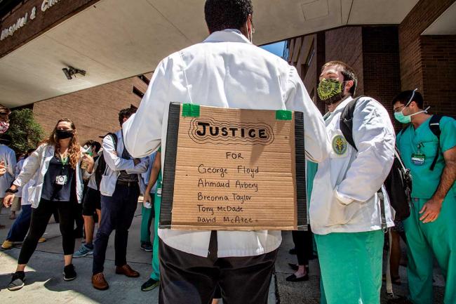 Medical students gather at a Black Lives Matter protest.