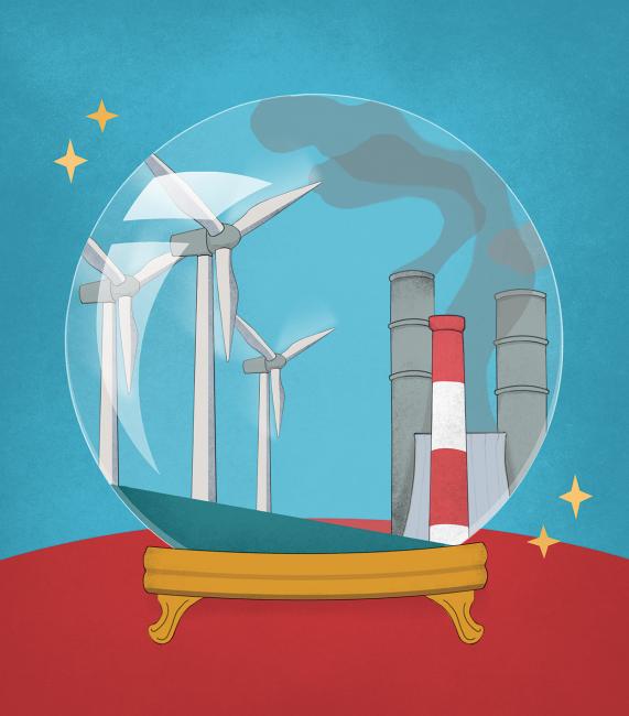 Crystal ball with wind energy turbines blowing smoke from coal-fired plant