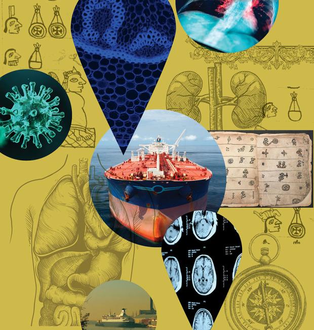 collage of ships, virus, human anatomy, Latin American art