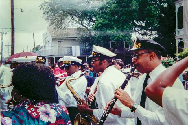 Dr. Michael White with Young Tuxedo Brass Band play at Milford Dolliole funeral 1994
