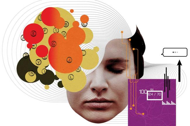 Stuart Bradford illustration of female face surrounded with data elements