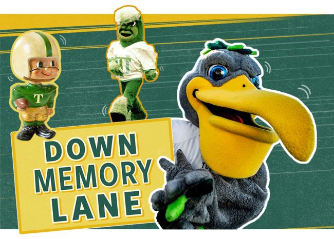 Historic mascots Greenie, little boy in football gear; Gumby, tall with green fur; and Riptide, fuzzy-feathered pelican with big yellow beak. 