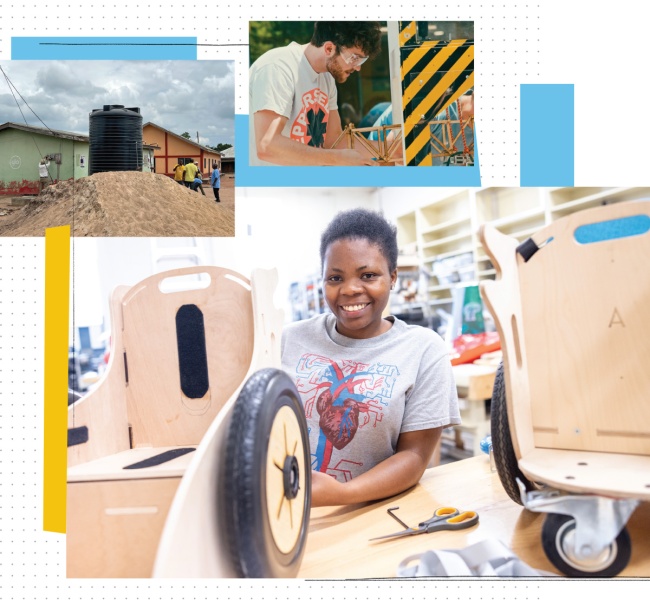 Smiling woman assembles a wooden wheelchair in a workshop. Inset images show a water tank installation and a student testing a truss structure.