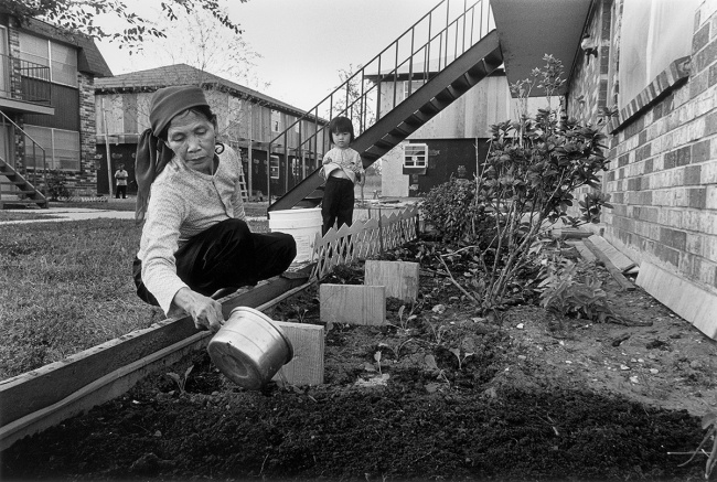 A woman tends to a garden with a watering can. A child stands nearby. Apartments with stairs are seen in the background.